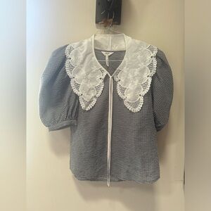 Gingham lace collar balloon sleeve top